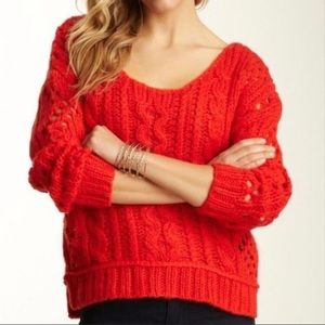 Free People Crochet Knit Red Orange Sweater